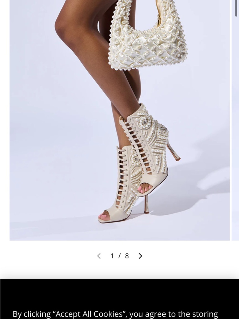 Pearl-Embellished Cream Lace-Up Peep-Toe Stiletto Booties